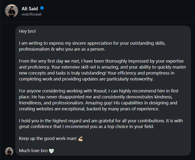 Screenshot of a written testimonial